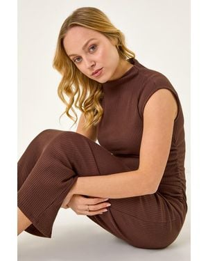 D.u.s.k Ribbed Ruched Waist Midi Dress - Brown