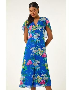 Roman Floral Chiffon Back Cape Dress - Blue