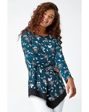 Roman Floral Print Chiffon Hem Stretch Top - Blue
