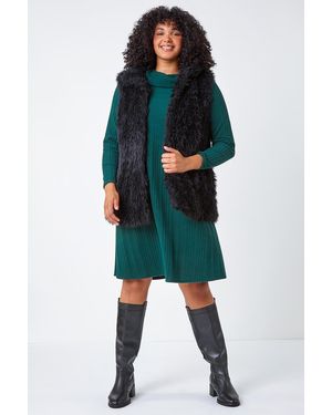 Roman Curve Roll Neck Ribbed Stretch Dress - Green