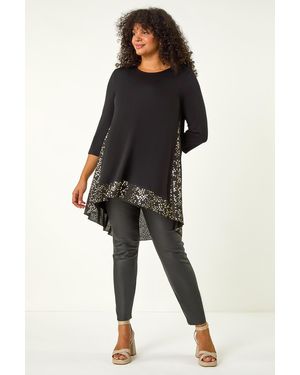 Roman Curve Contrast High Low Tunic Top - Black