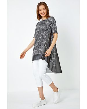 Roman Aztec Chiffon Hem Stretch Tunic Top - White