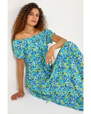 Roman Lace Up Detail Floral Bardot Dress - Blue
