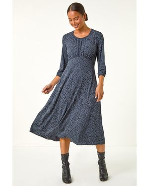 Roman Petite Spot Print Ruched Midi Dress - Blue