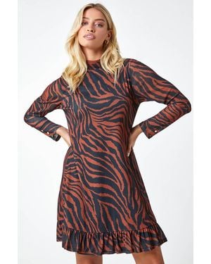 D.u.s.k Tiger Print Frill Hem Mesh Dress - Black