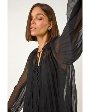 Roman V-Neck Pleated Blouse - Black