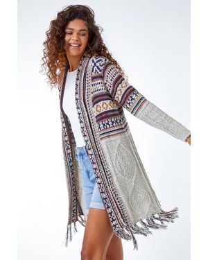 Roman Aztec Print Tassel Hem Longline Cardigan - Natural