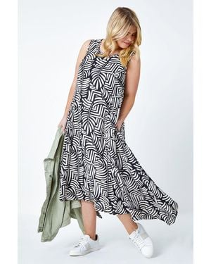 Roman Curve Leaf Print Midi Dress - White