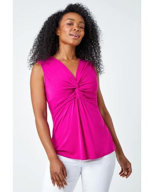 Roman Petite Twist Front V-Neck Stretch Top - Pink