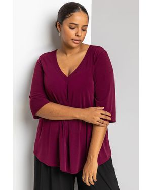Roman Curve V Neck Pleat Front Top - Red