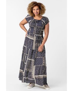 Roman Curve Shirred Patchwork Bardot Dress - Blue