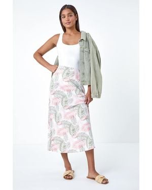 Roman Leaf Print Linen Blend A-Line Skirt - White