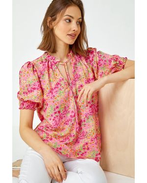 Roman Ditsy Floral Ruffle Neck Blouse - Red