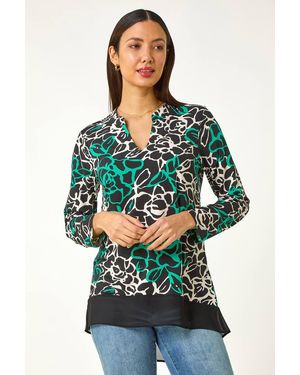 Roman Floral Print Chiffon Hem Top - Green