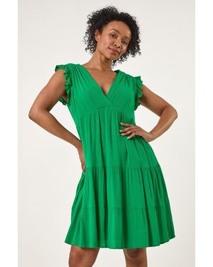 Roman Petite V-Neck Frill Short Dress - Green