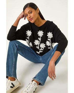 Roman Floral Embroidery Knit Jumper - Blue