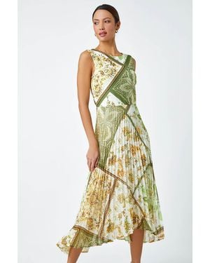 Roman Paisley Scarf Print Pleated Midi Dress - Metallic