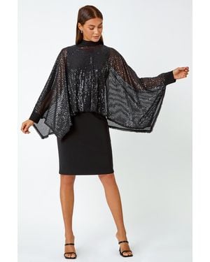 Roman Sequin Overlay Stretch Bodycon Dress - Black