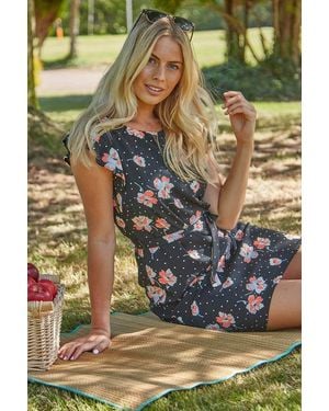 Roman Floral Spot Frill Sleeve Shift Dress - Black