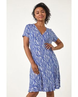Roman Petite Abstract Print Wrap Frill Dress - Blue