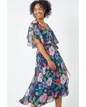 Roman Petite Floral Chiffon Cape Wrap Dress - Blue