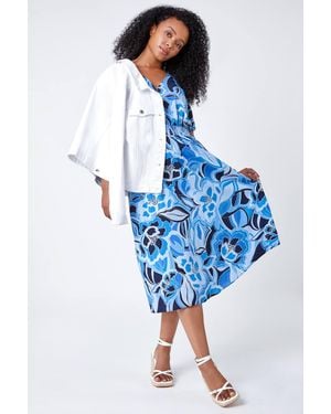 Roman Petite Floral Print Stretch Dress - Blue