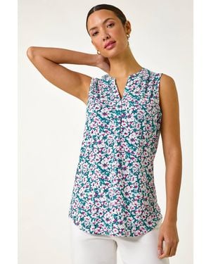 Roman Textured Floral Print Vest Top - Blue