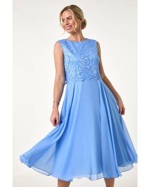 Roman Petite Lace Overlay Midi Dress - Blue