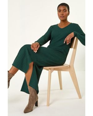 Roman Wave Textured V-Neck Stretch Midi Dress - Green