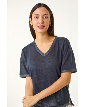 Roman Metallic Trim V-Neck T-Shirt - Blue