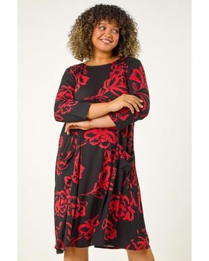 Roman Curve Floral Print Pocket Swing Dress - Red