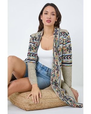 Roman Nordic Patterned Longline Cardigan - Natural