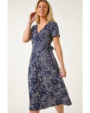 Roman Petite Ditsy Tie Waist Stretch Midi Dress - Blue