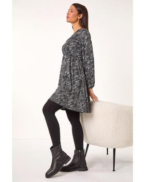 Roman Leaf Print V-Neck Stretch Dress - Grey