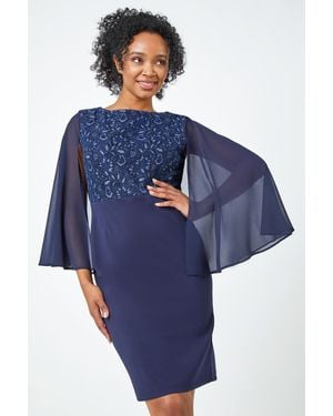 Roman Petite Lace Chiffon Cape Sleeve Dress - Blue