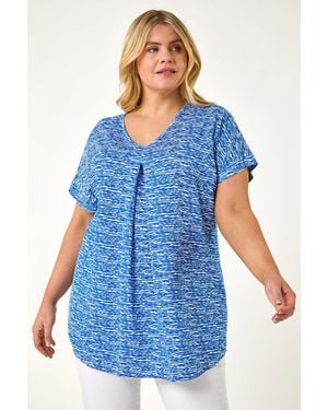 Roman Curve Pleat Front Printed Stretch Top - Blue