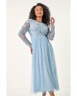 Roman Petite Embellished Mesh Dress - Blue