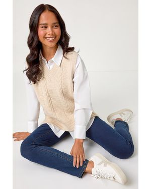 Roman Petite V-Neck Cable Knit Sleeveless Vest - Blue