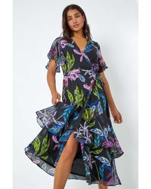 Roman Tropical Print Chiffon Tiered Wrap Midi Dress - Black