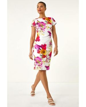 Roman Floral Premium Stretch Shift Dress - Red
