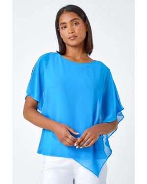 Roman Asymmetric Cold Shoulder Stretch Chiffon Top - Blue