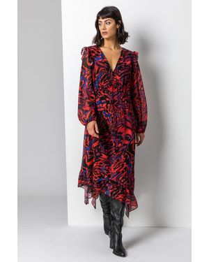 Roman Abstract Butterfly Chiffon Midi Dress - Red