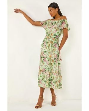 Roman Floral Bardot Midi Dress - Green