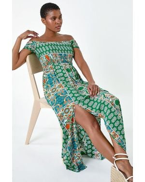 Roman Patchwork Shirred Bardot Maxi Dress - Blue