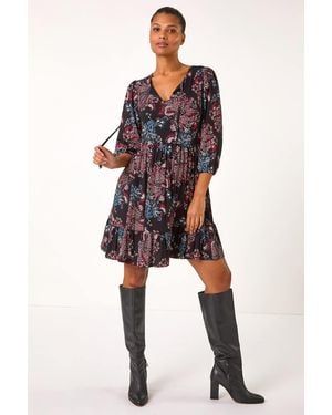 Roman Paisley Tie Frill Dress - Black