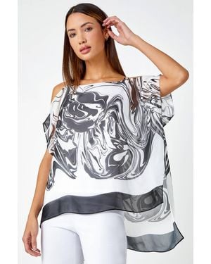 Roman Swirl Print Cold Shoulder Overlay Top - Grey