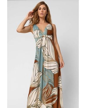 Roman Abstract Leaf Print V Neck Maxi Dress - Blue
