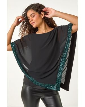 Roman Sequin Hem Overlay Stretch Top - Black