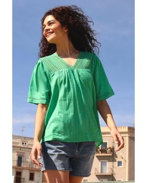 Roman Lace Detail Cotton T-Shirt - Green