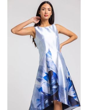Roman Abstract Dipped Hem Asymmetric Midi Dress - Blue
